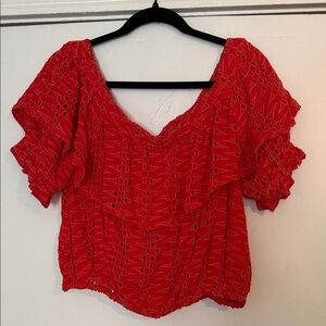 Free People Red Eyelet Off Shouler Puff Sleeve Peasant Top